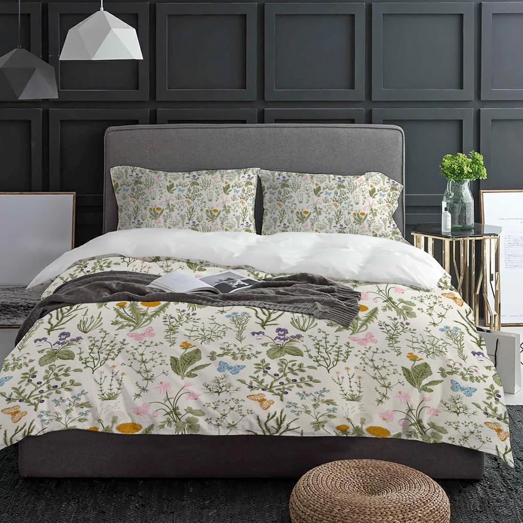 Vintage Herbaceous Floral Butterfly Flower 3pcs Bedding Set For Double Bed Home Textile Duvet Cover Quilt Cover Pillowcase
