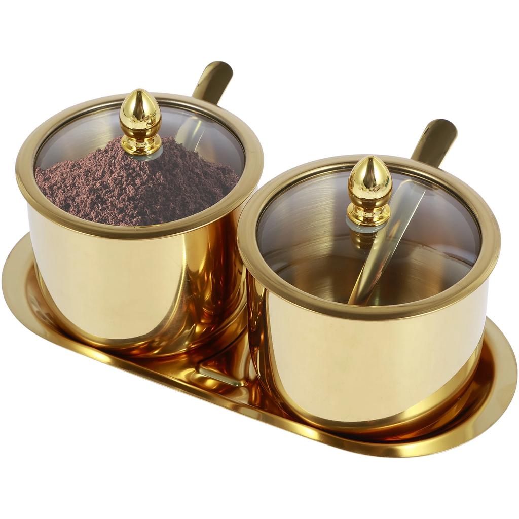 Stainless Steel Sugar Bowl Set with Glass Lid Spoon and Tray Rustproof Seasoning Box Round Condiment Pots Polished Shiny Sugar