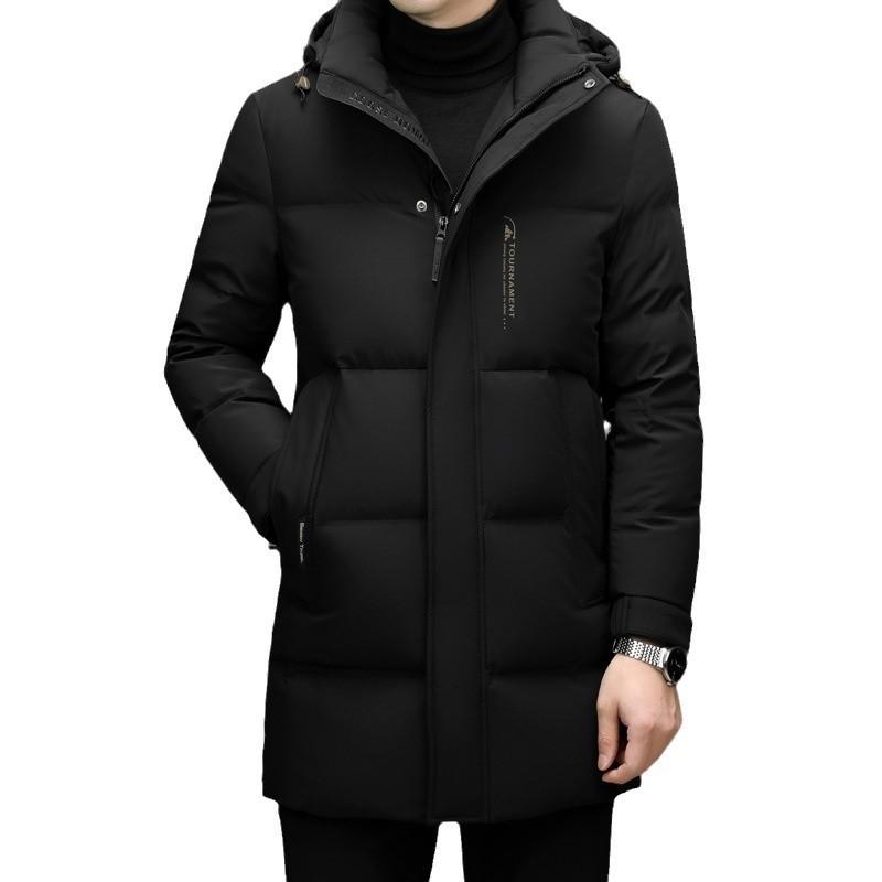 Mens Winter Down Coat 90% White Duck Mid-Length Removable Hood Casual Warm Outerwear