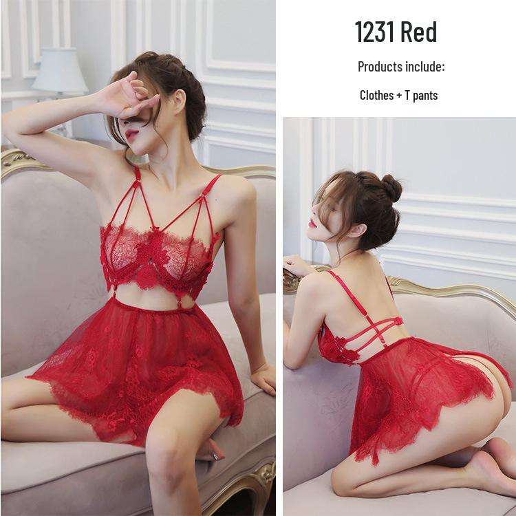 Lange Nacht Damen Sexy Transparentes Netzspitze Nachthemd Set