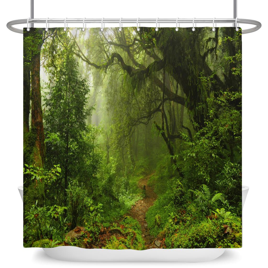 Garden Path Shower Curtain with 12 Hooks Realistic Forest Landscape Butterflies Waterproof Polyester Bathtub Bathroom Curtain