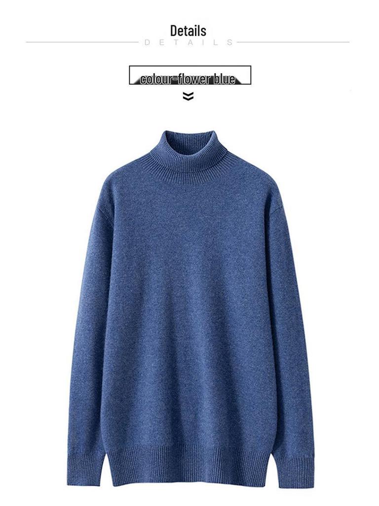 Men's Plus Size High Neck 100% Pure Wool Sweater - Loose Fit, Solid Color Pullover Knitwear