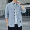 Men's Pure Cotton Seven-Sleeve Shirt - Spring/Summer Solid Color, Loose Fit, Trendy Casual Workwear with Versatile Pocket.