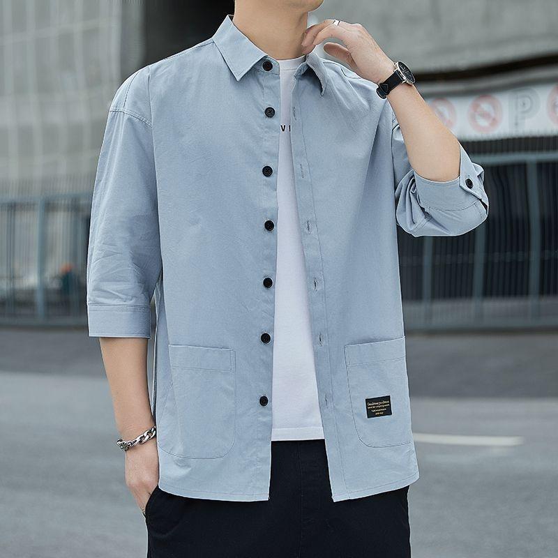 Men's Pure Cotton Seven-Sleeve Shirt - Spring/Summer Solid Color, Loose Fit, Trendy Casual Workwear with Versatile Pocket.