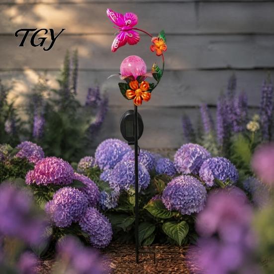 Outdoor Solar Garden Lights Glass Cracked Ball Light, Butterfly Hummingbird Metal Nature Inspired Accents Stake Waterproof Yard Lamp for Patio