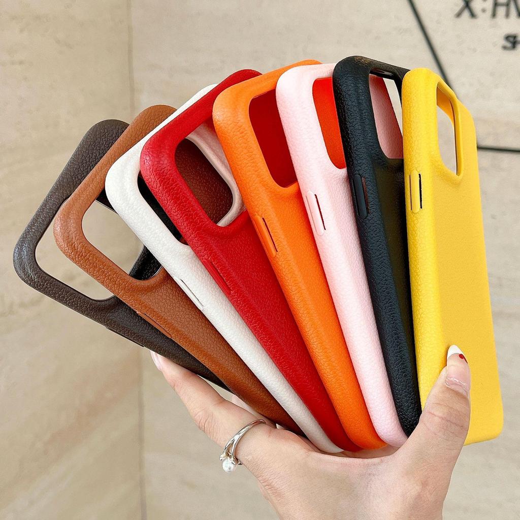 Solid Color Leather Texture Phone Case for iPhone 14/15/16 Pro Max