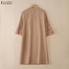 ZANZEA Damen Freizeit Rundhals Locker 3/4 Ärmel Spitze Patchwork Kleid