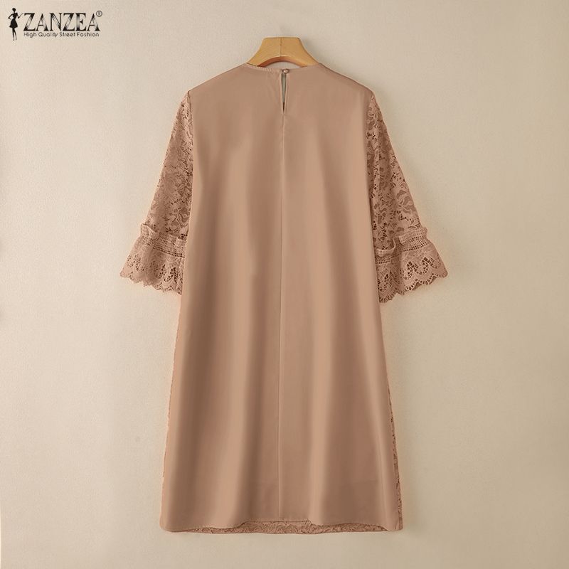 ZANZEA Damen Freizeit Rundhals Locker 3/4 Ärmel Spitze Patchwork Kleid
