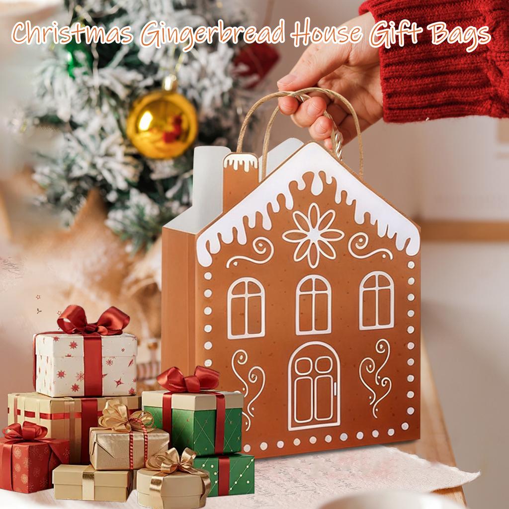 5Pcs Christmas Gingerbread House Gift Bags With Handles House Gingerbread Shaped Candy Paper Bags Winter Snow Wrapping Paper For Christmas