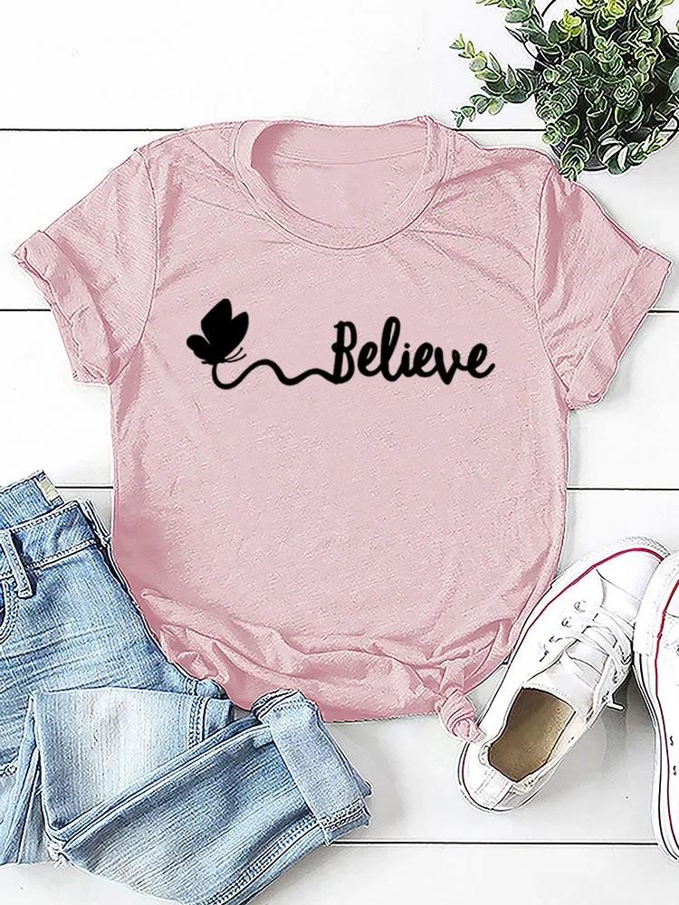 Butterfly Believe Letter Print Women T Shirt Short Sleeve O Neck Loose Women Tshirt Ladies Tee Shirt Tops Camisetas Mujer