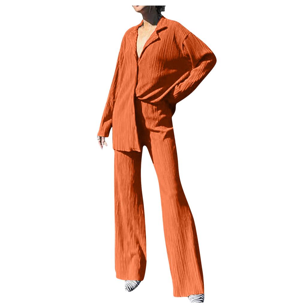 Women's 2 Piece Casual Outfits Long Sleeve Button Down Shirt High Waist Long Pants Loungewear Streetwear
