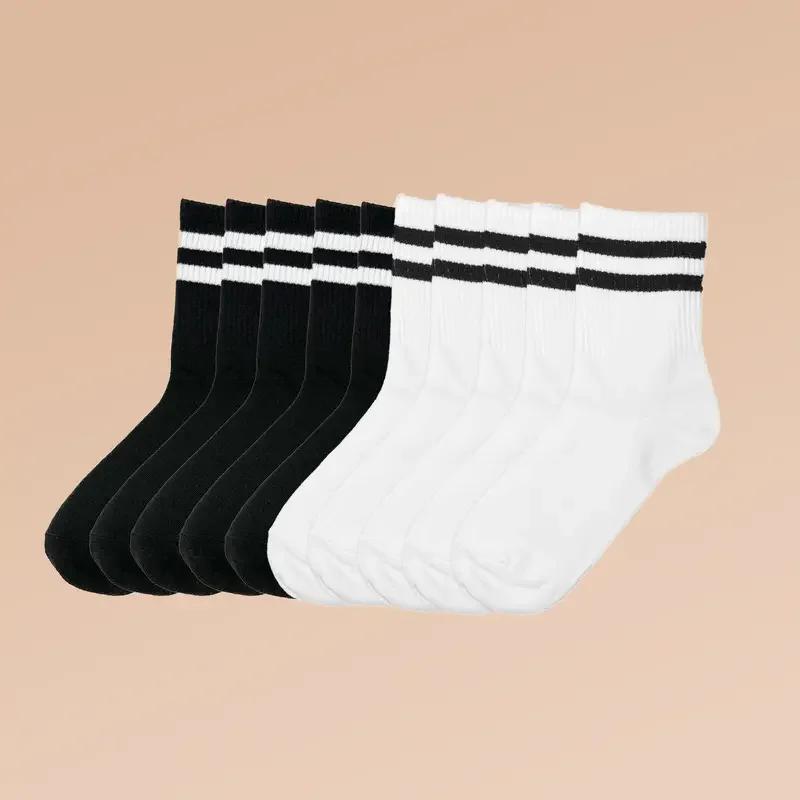 5/10Pairs Striped Crew Socks Comfy & Breathable Mid Tube Socks  Women's Stockings & Hosiery