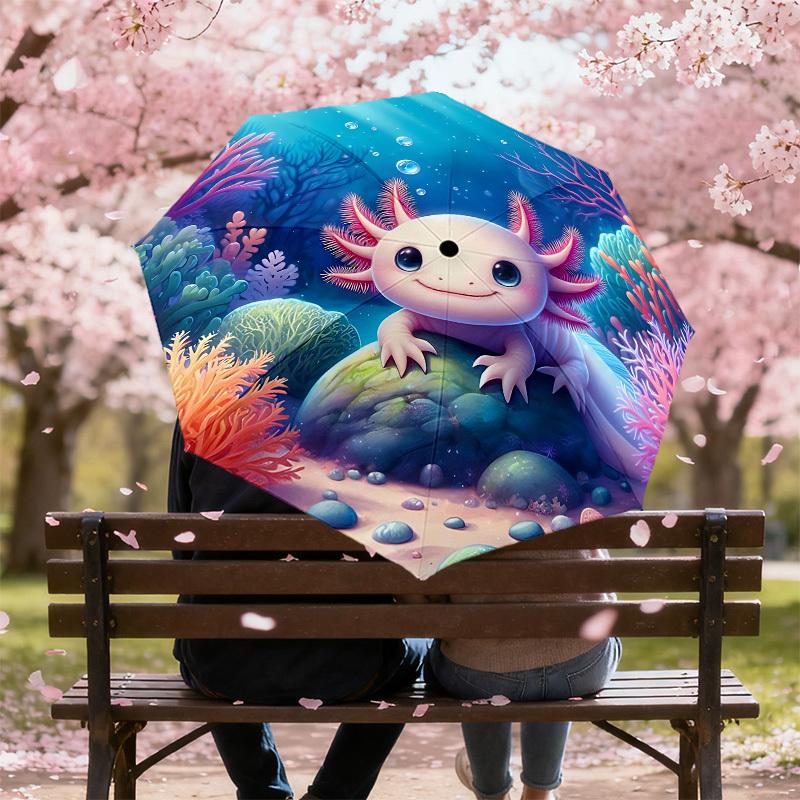 1PC Axolotl Ocean Automatic Open/Close Umbrella with Windproof, 8-Rib Sturdy Canopy, Durable Ribs, Fashionable Design, Outdoor Accessory, Fun Prin, Ho
