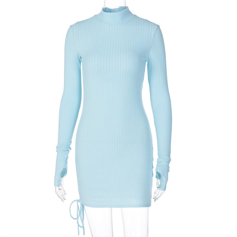 Langarm Rippen Geraffte Bandage Sexy Mini Kleid Herbst Winter Frauen High Neck Gestrickte Reine Party Elegante Outfits