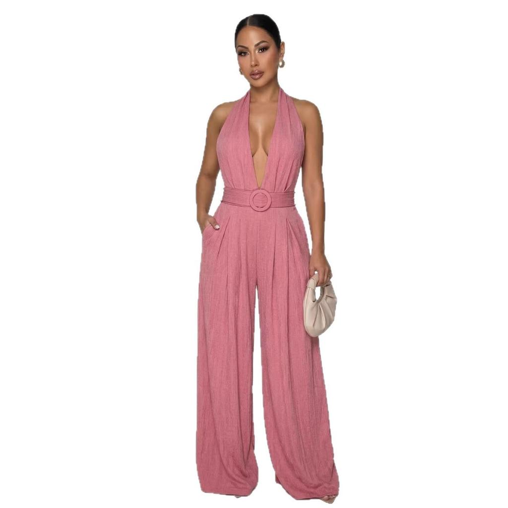 AJ4481 Europäischer & Amerikanischer Stil Damen Freizeit Ärmellos Rückenfrei Weiter Bein Jumpsuit