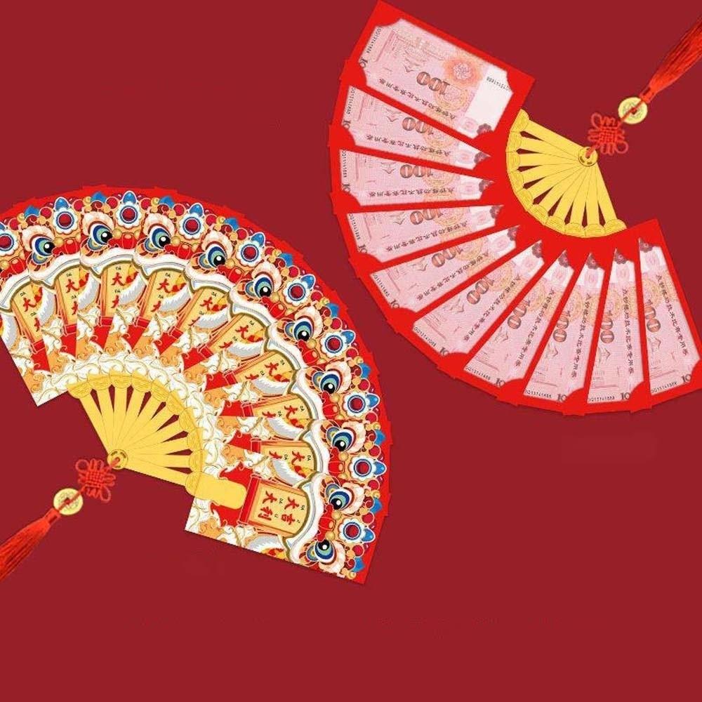 Traditionelles Fächerdesign Roter Umschlag mit chinesischer Knotenquaste Frühlingsfest Rote Geldbörse Papier Hongbao Segen