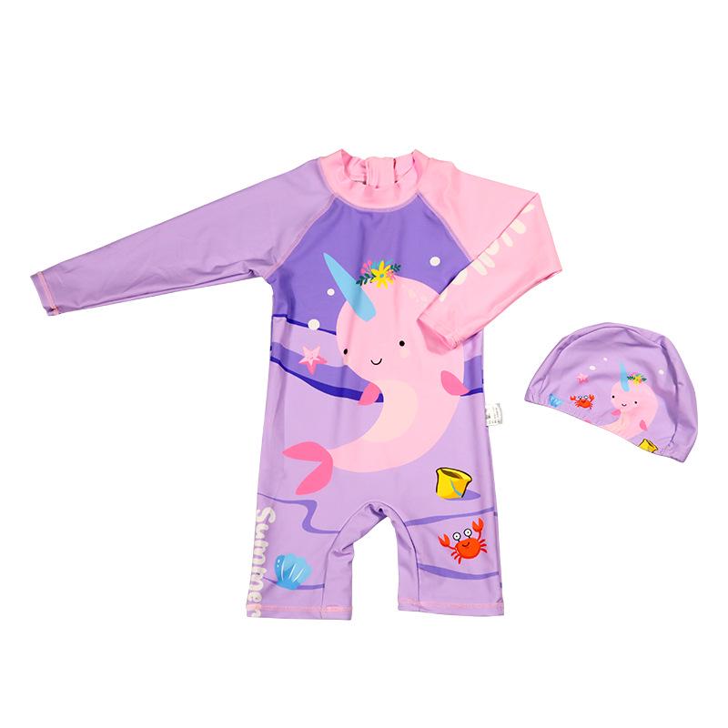 Pink Narwhal Cartoon One-Piece Swimsuit: Quick-Drying Girl's Swimwear for Middle and Large Children