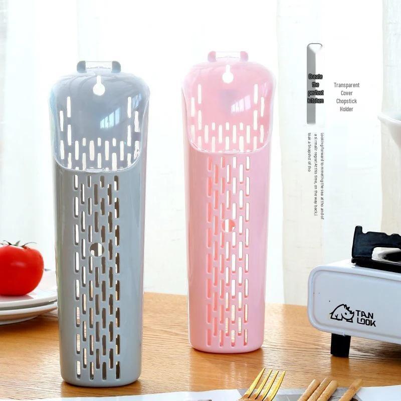Wall-Mounted Kitchen Chopstick Holder with Lid - Plastic Storage Rack & Drainer