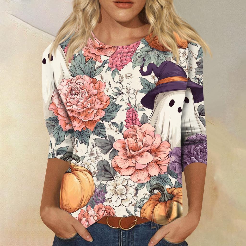 Women's Fashion Casual Round Neck Three-quarter Sleeve Halloween Printed T-shirt Top