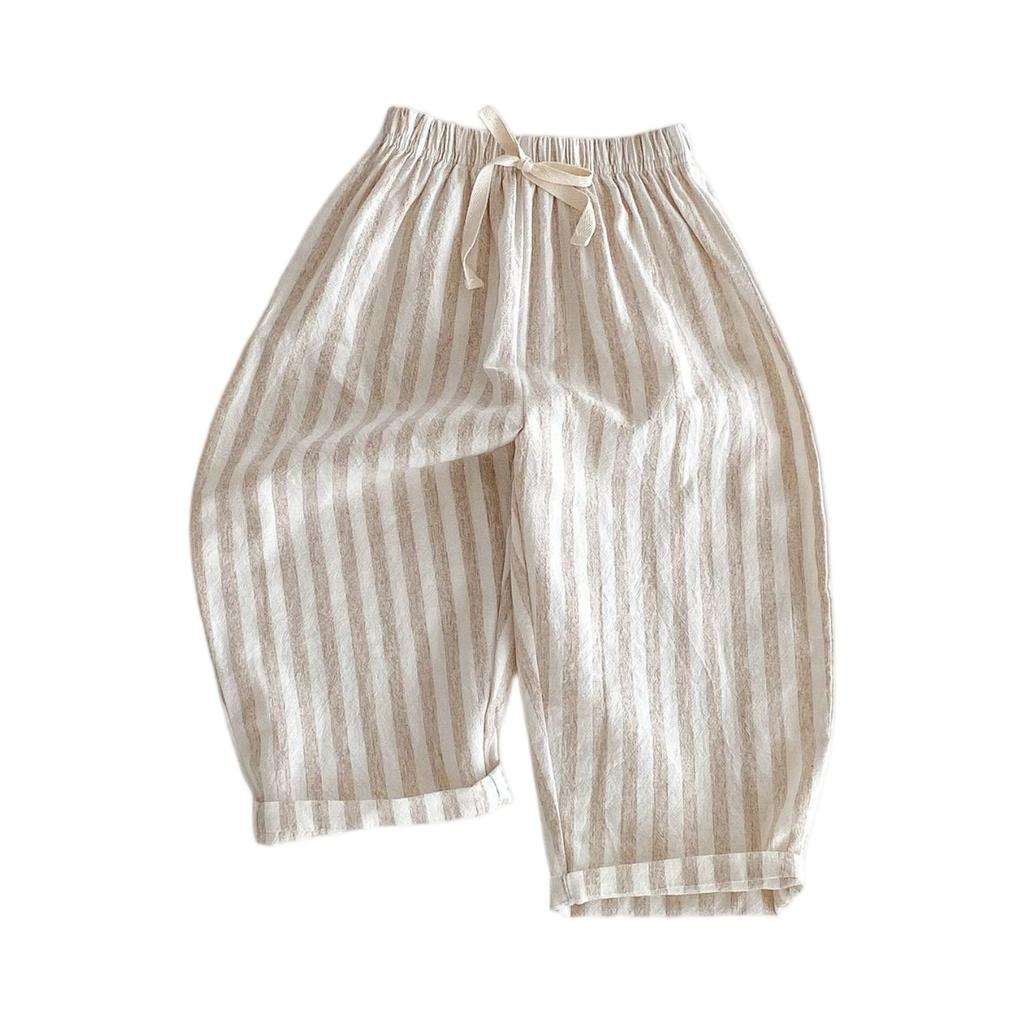 Kids' Striped Drawstring Pants - Linen Cotton Loose Fit Trousers