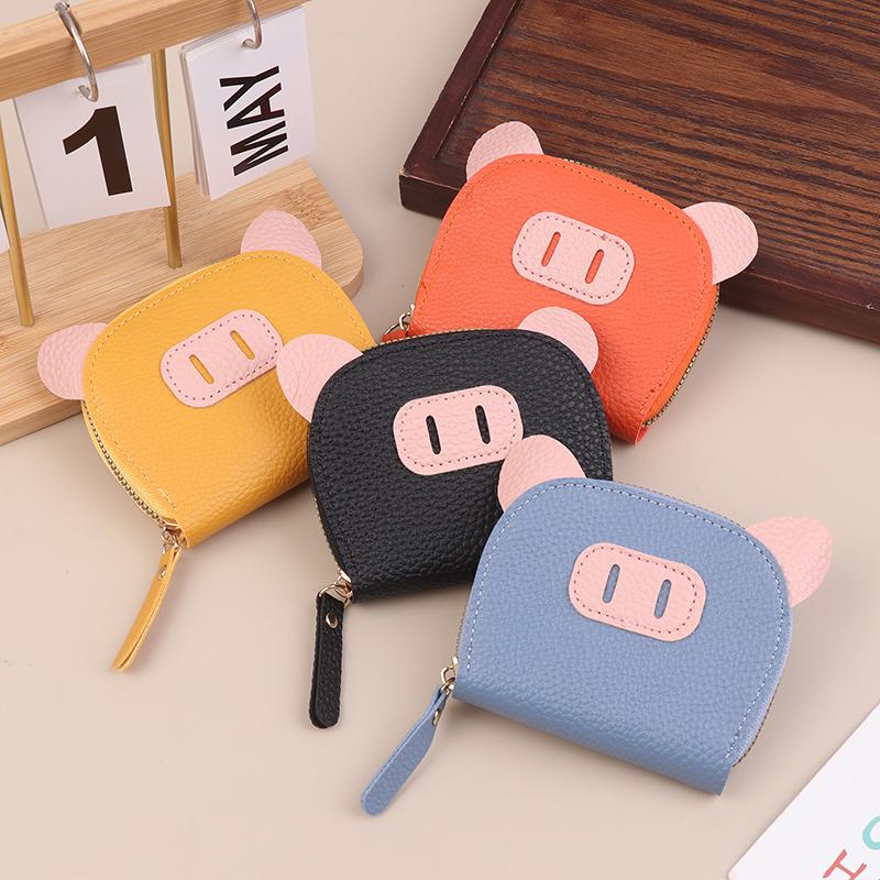 Pu Leather Female Light Student Cartoon Cute Pig Zipper Multi-Card Card Set Soft Pickup Clip Coin Purse Mini Clutch Earphone Bag