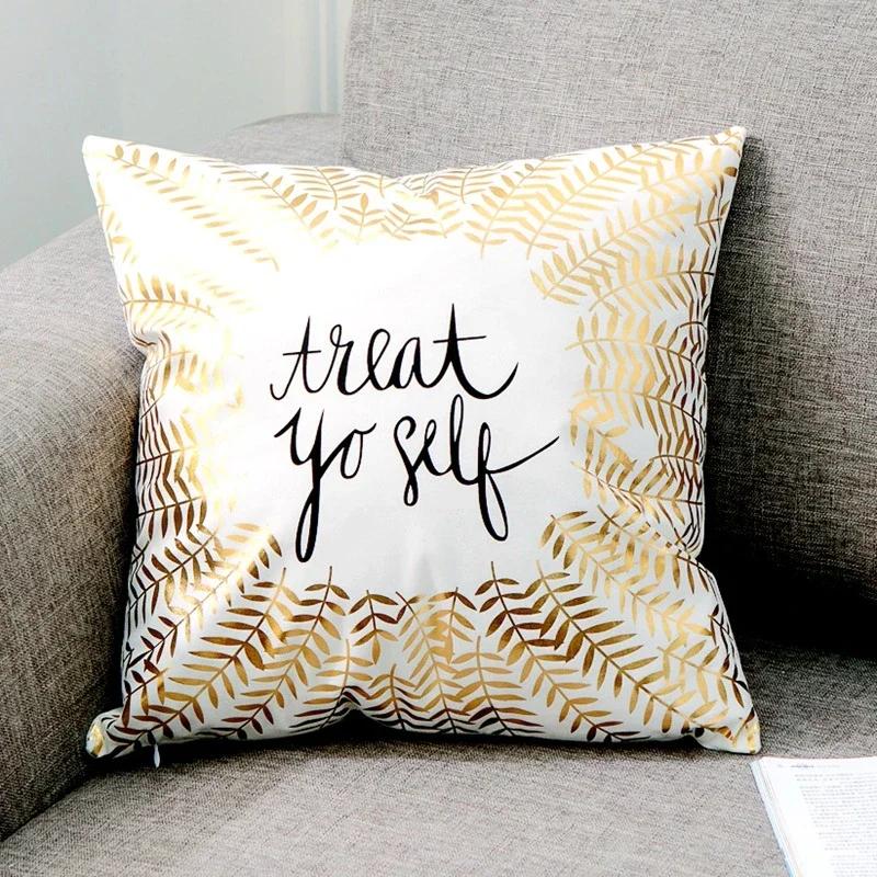 Modern Geometric Gold Bronzing Plants Leaves Cushion Cover Super Quality Polyester Pillow Cover Decorative Pillow for Sofa Chair