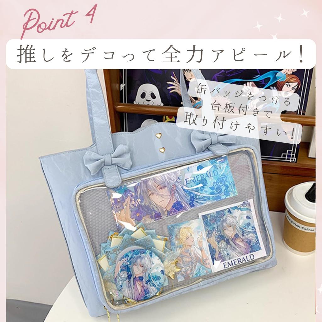 [Harujio] Ita Bag, Scalloped Ribbon Tote Bag, Fan Bag, Tote Bag, Ita Bag for Women, Marble Pattern, Black, White, Light Blue, Cute, Stylish, Ribbon, F