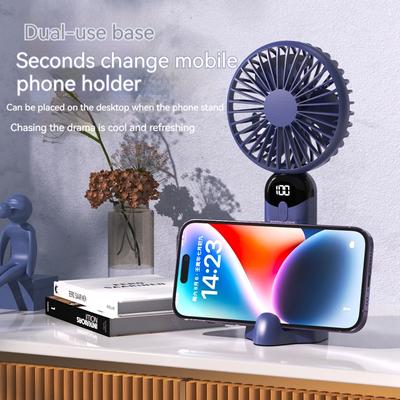 Neuer USB-Handventilator, faltbar, tragbar, zum Aufhängen am Hals, 3–6 Geschwindigkeitsstufen, wiederaufladbarer USB-Ventilator mit Telefonständer und Display