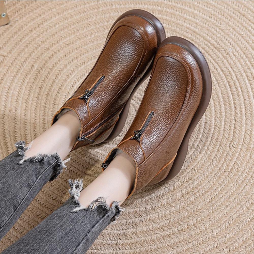 Leather Cotton Shoes Women's Winter Flat Wool Bootie Women's Velvet Warm Boots Soft-soled Non-slip Middle-aged and Elderly Ankle