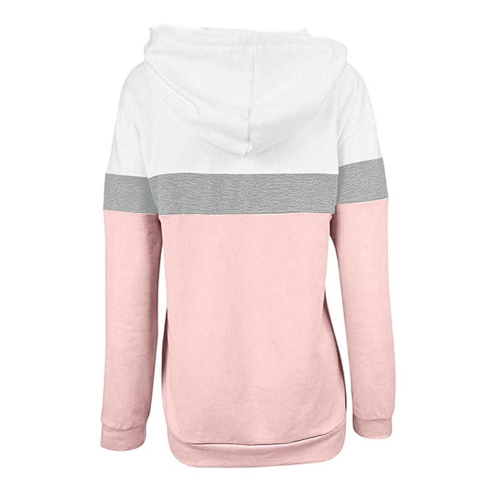 Women's Casual Drawstring Loose Long Sleeve Color Block Hooded Top