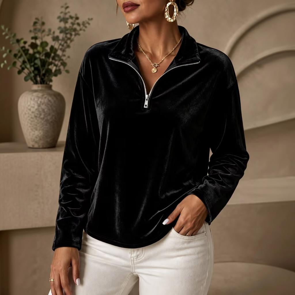 Women's Casual Long Sleeve Velvet Shirt with Half Zip and Stand Collar