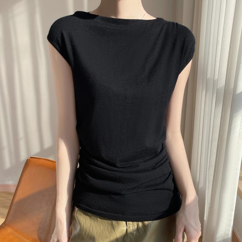 Women's Wool Sleeveless Pullover Qinghe Cashmere 50% Silk 50% Wool Spring and Summer Wool Short Sleeve Soft Comfortable Warm