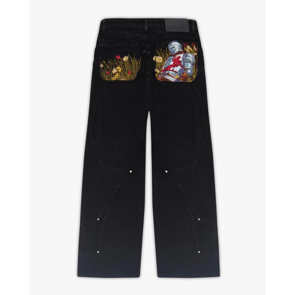 Damen Jeans mit hohem Bund und weitem Bein Lockerer Schnitt Sakura Knight Stickerei Helles Denim Hosen Amerikanischer Vintage Streetwear Lässige Lange Hosen