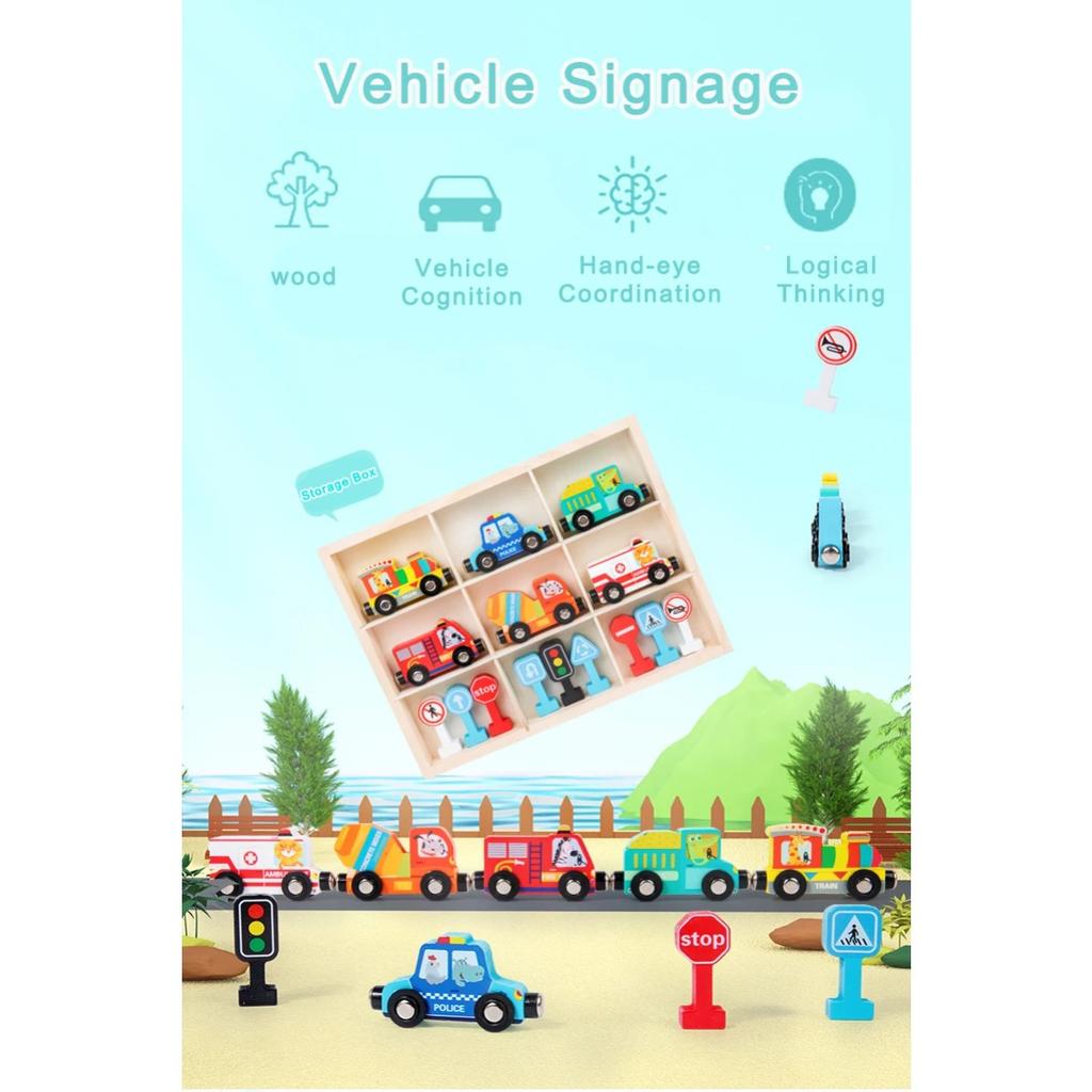 Montessori Wooden Toys Magnetic Small Train DIY Traffic Sign Recognition Vehicle Cognition Car Models Children Educational Toys