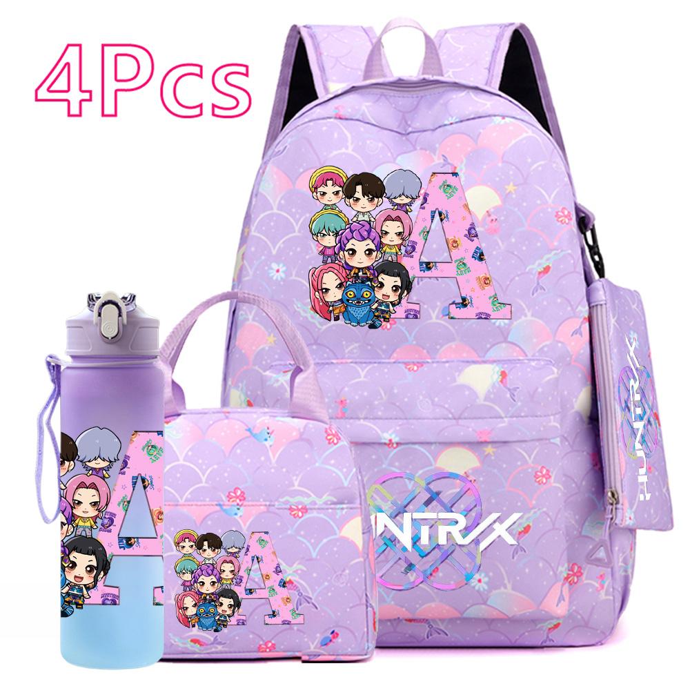 4Pcs/set 26 English Letter KPOP Printed Backpack with Handbag Pencil Case 750Ml Water Bottler for Teenager Boy Girl Large Capacity Bookbag Schoolbag