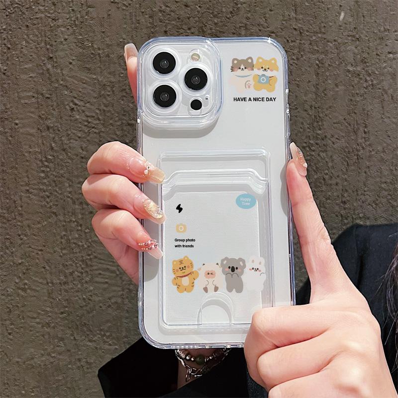 Card Slot Holder Silicone Wallet Pocket Case For Oppo Reno 10 14F 13F 12F Samsung A06 A16 A36 A56 Redmi Note 13 Honor X6A X6B Cover Clear Phone Bumper