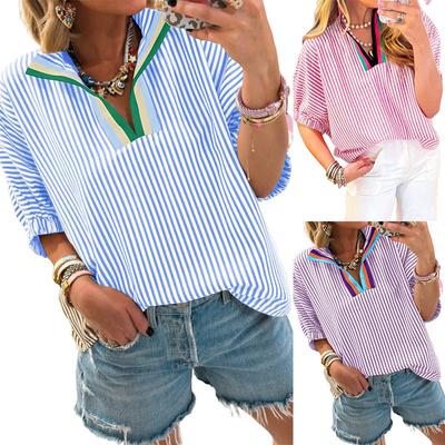2026 Summer New Loose Casual Striped V-Neck Contrast Color Short Sleeve Women's Top