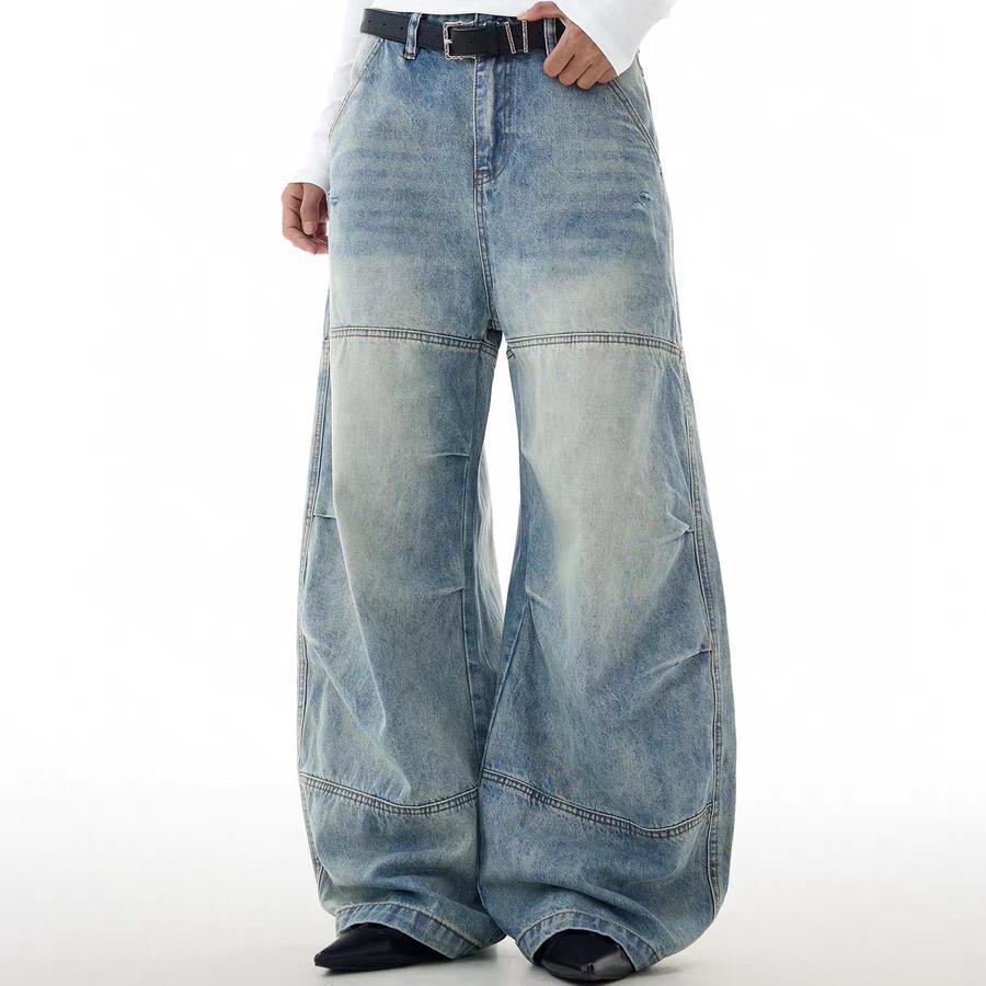 Retro straight ripped American versatile wide-leg pants long feel loose and old design jeans men's summer washing