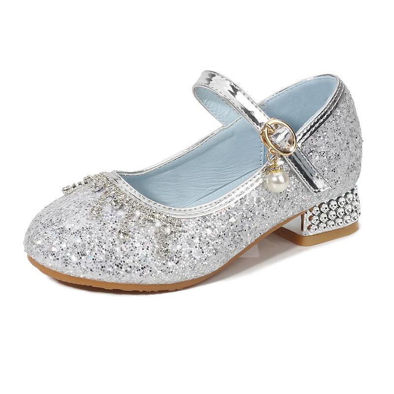 Princess Girls' Sequined High Heels - Soft, Non-Slip Leather Shoes for Spring and Autumn