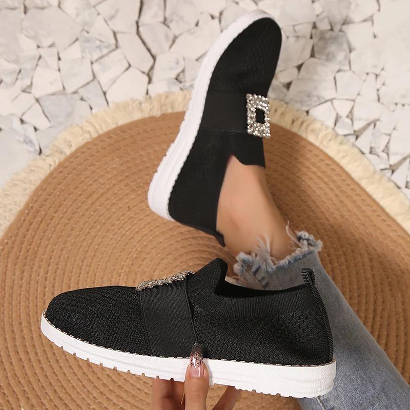 Fashion Rhinestone Mesh Knitted Loafers for Women Mesh Breathable Slip-On Casual Flats Woman 2025 Autumn Soft Sole Walking Shoes Ladies