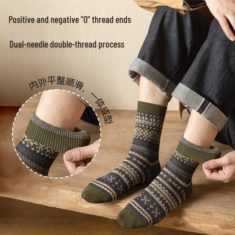 Herrensocken im Ethno-Stil, mittelhoch, doppelt gestrickt - Antibakteriell, Retro für Herbst/Winter