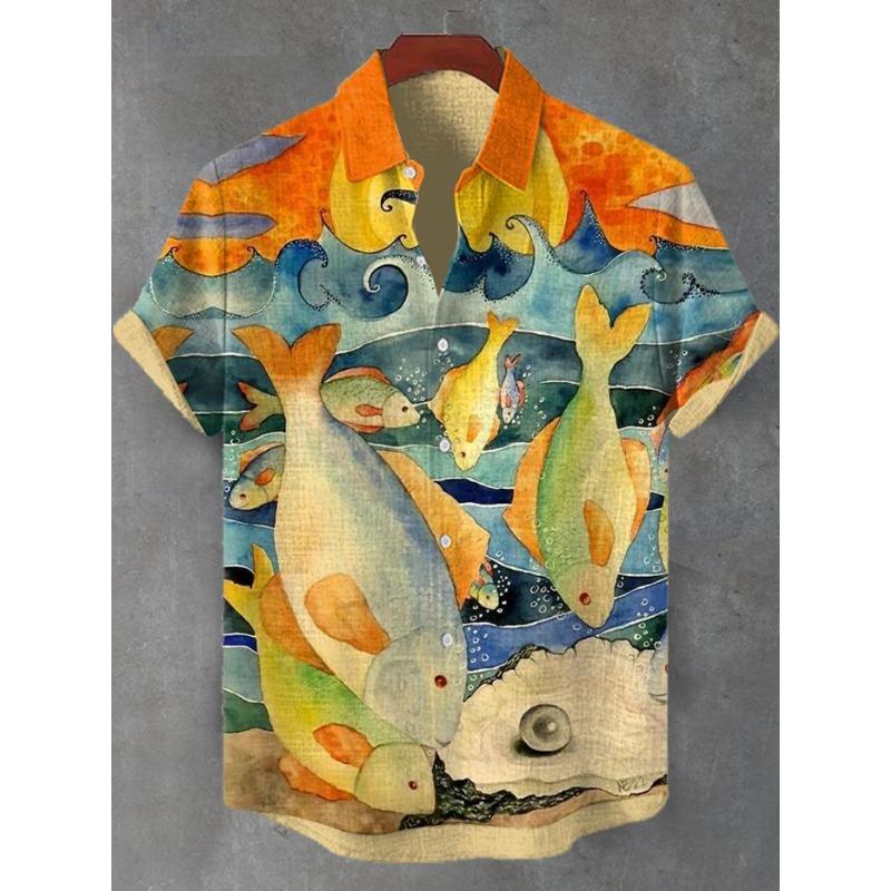 Camicia Casual da Uomo Estiva con Grafica Vita Marina Manica Corta Bottoni Camicie con Revers Top Oversize Camicia Hawaiana Casual