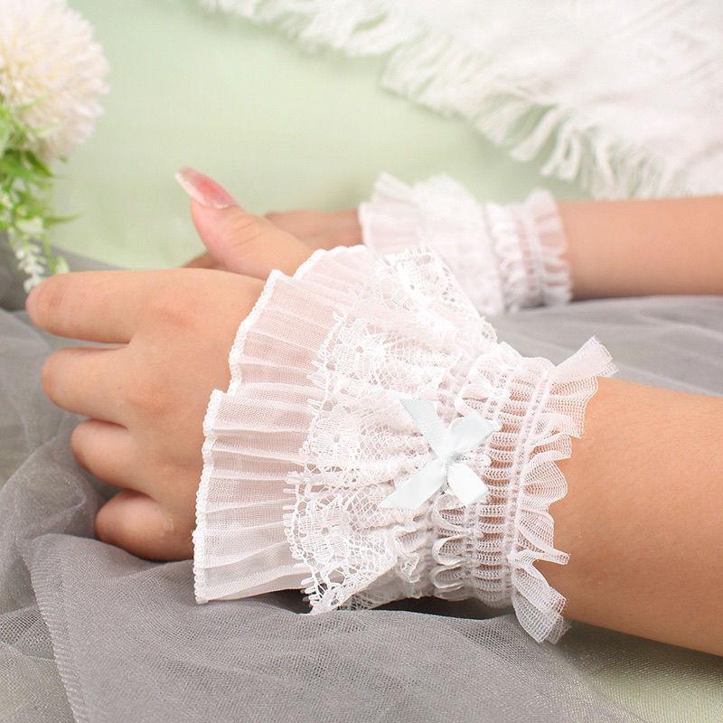 1 Pair Detachable Bowknot Gothic Lolita Wrist Cuffs Lace Mesh Fake Sleeves for Photography Shoot Props