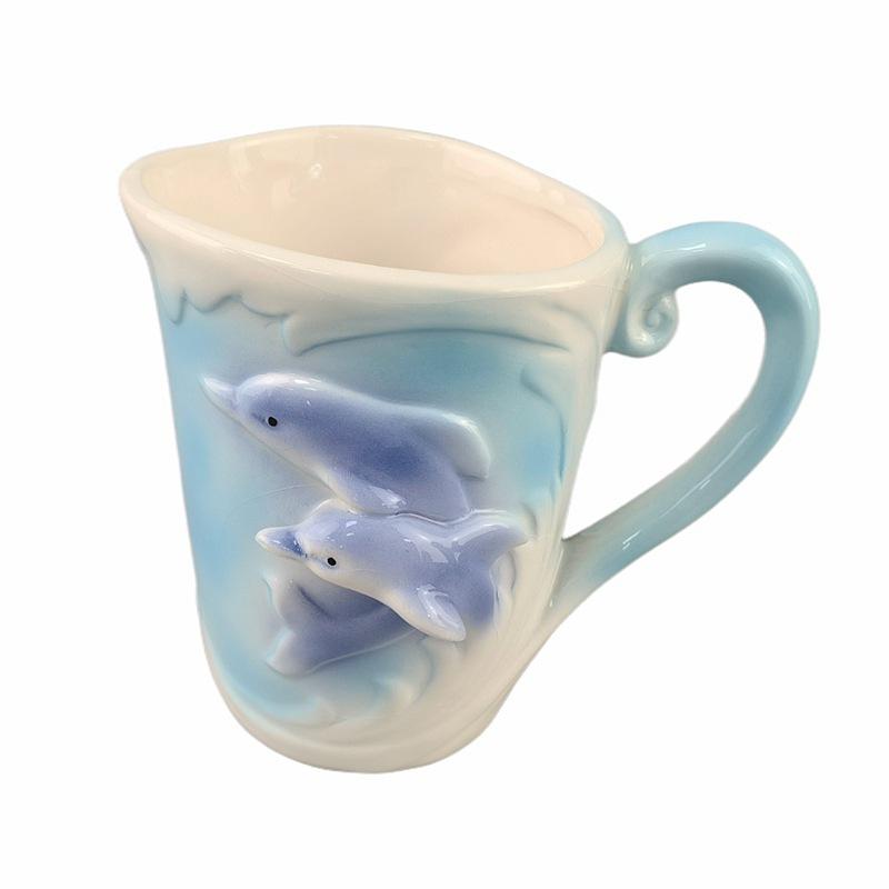 Baifenbai Home Furnishing Creative Fresh Relief Dolphin Underglaze Color Hand-Painted Three-Dimensional Whale Puffer Fish Marine Animal Ceramic Coffee Cup