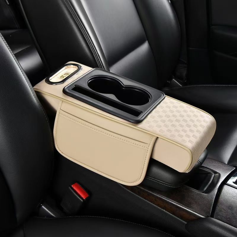 Universal Auto Center Console Armrest Pillow Arm Rest Cover with 2 Cup Holder & Tissue Box PU Leather Car Armrest Cushion