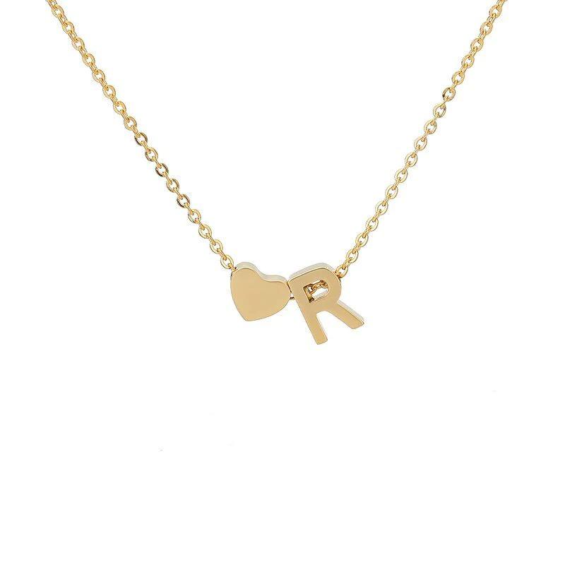 Stainless Steel Gold Heart & Alphabet Bead Necklace A-Z
