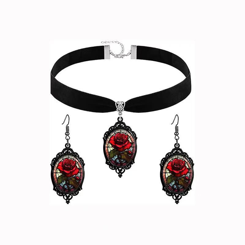 Retro Oil Painting Rose Floral Necklace & Earring Set