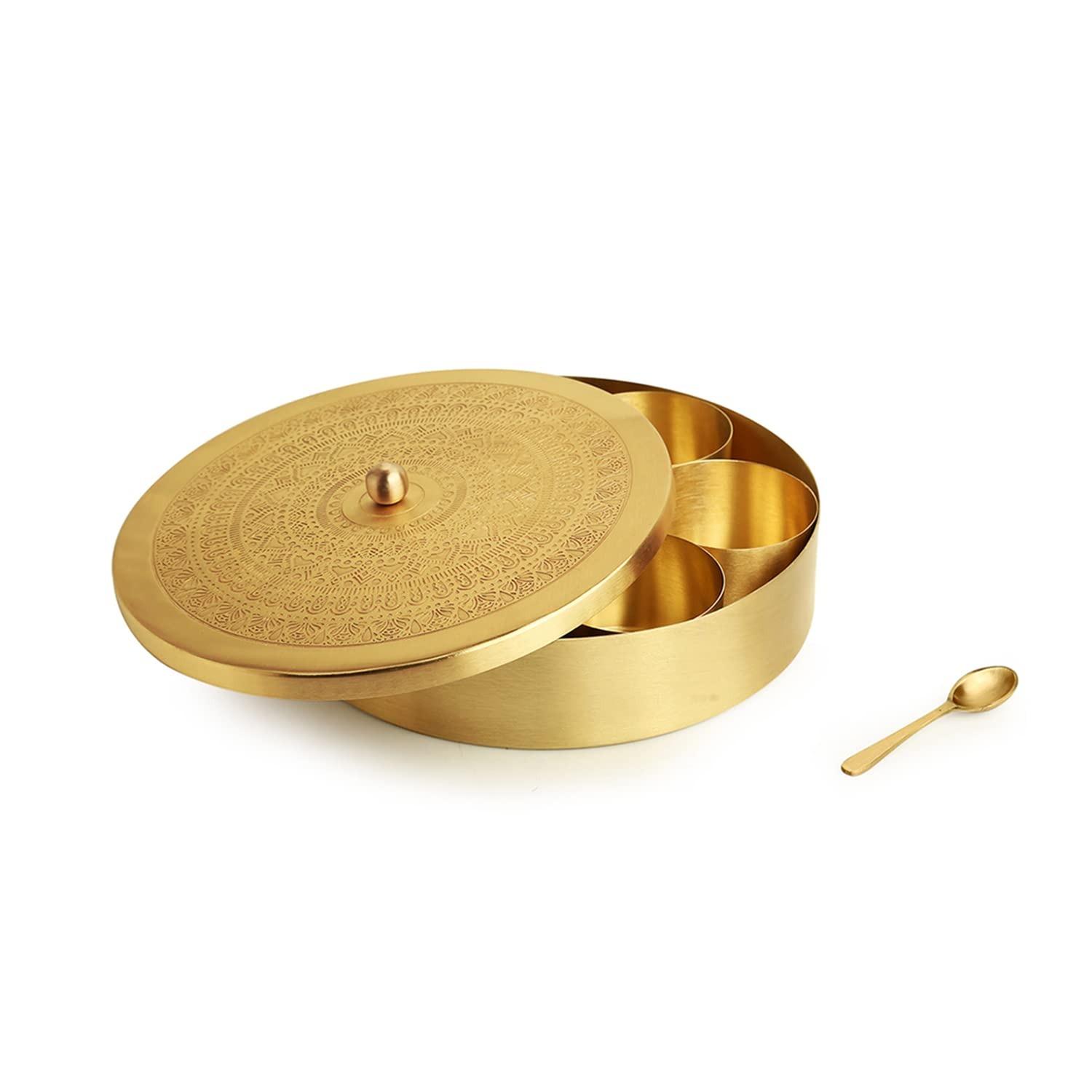 

Контейнер для специй (100 мл), Floral Brass Spice Box for Kitchen (Gold), ExclusiveLane