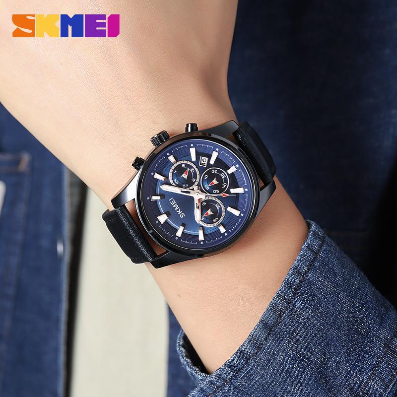 Watch Men's Quartz Watch Waterproof Leather Strap Fashion Three Eyes Round Large Dial Watch