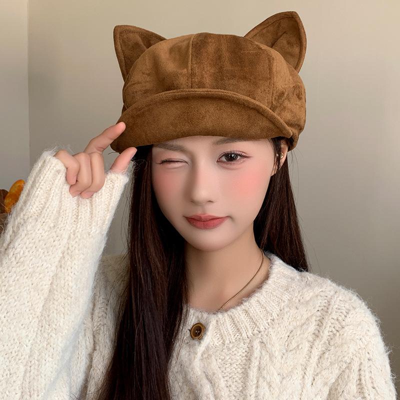 Herbst und Winter Britischer Retro Achteckiger Hut Damen Neuer Modischer Lässiger Schiebermützenhut Japanischer Stil Kleine Literarische Malermütze mit Gesicht